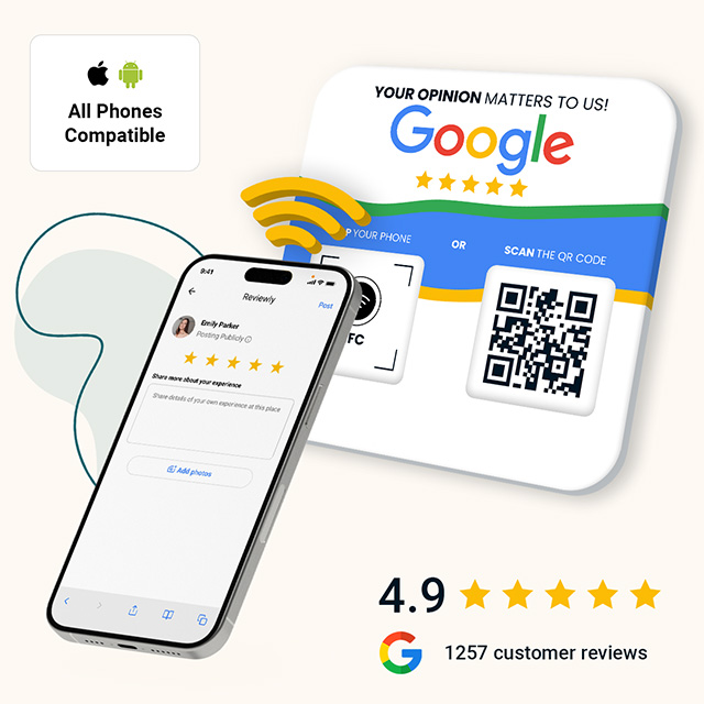 Each device (plate, card, or sticker) has a QR code or NFC chip. Your customer simply taps or scans, and it takes them directly to your Google profile to leave a review. No apps, no extra steps.